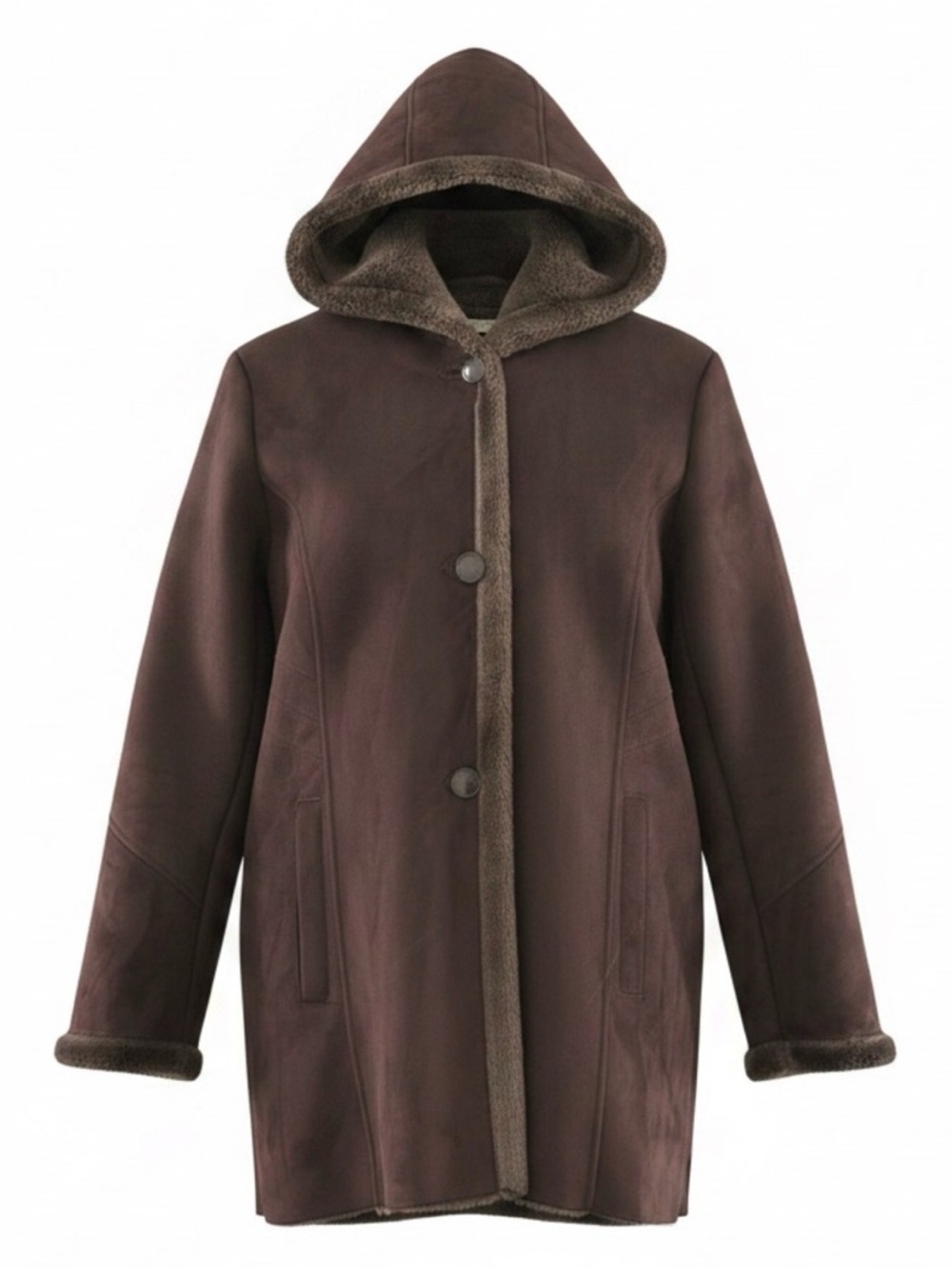 Larry Levine Brown Hooded Faux Suede Coat L With Faux Fur Lining